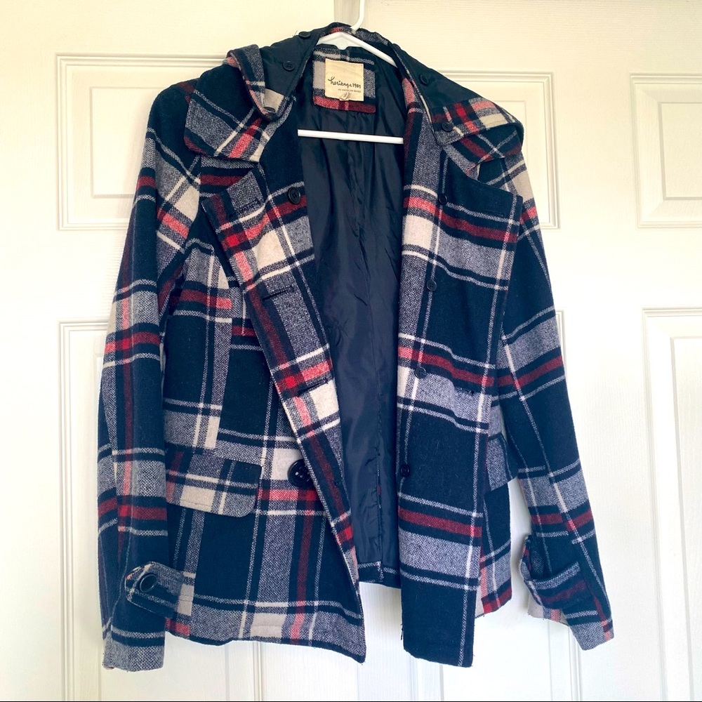 Plaid Flannel Wool Pea Coat Removable Hood Navy Blue Red White Womens AE Medium